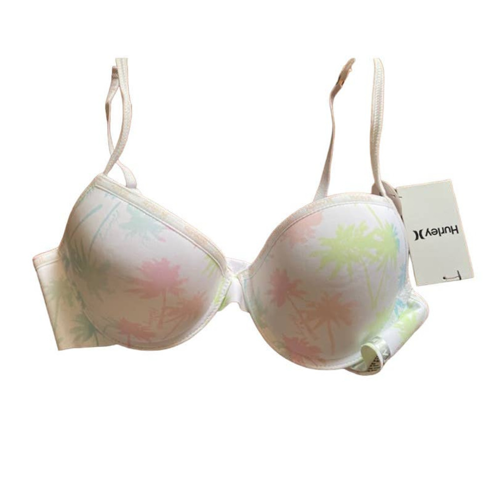 Hurley Bra 34‎ C White w/ Blue Pink Green Palm Trees NWTS